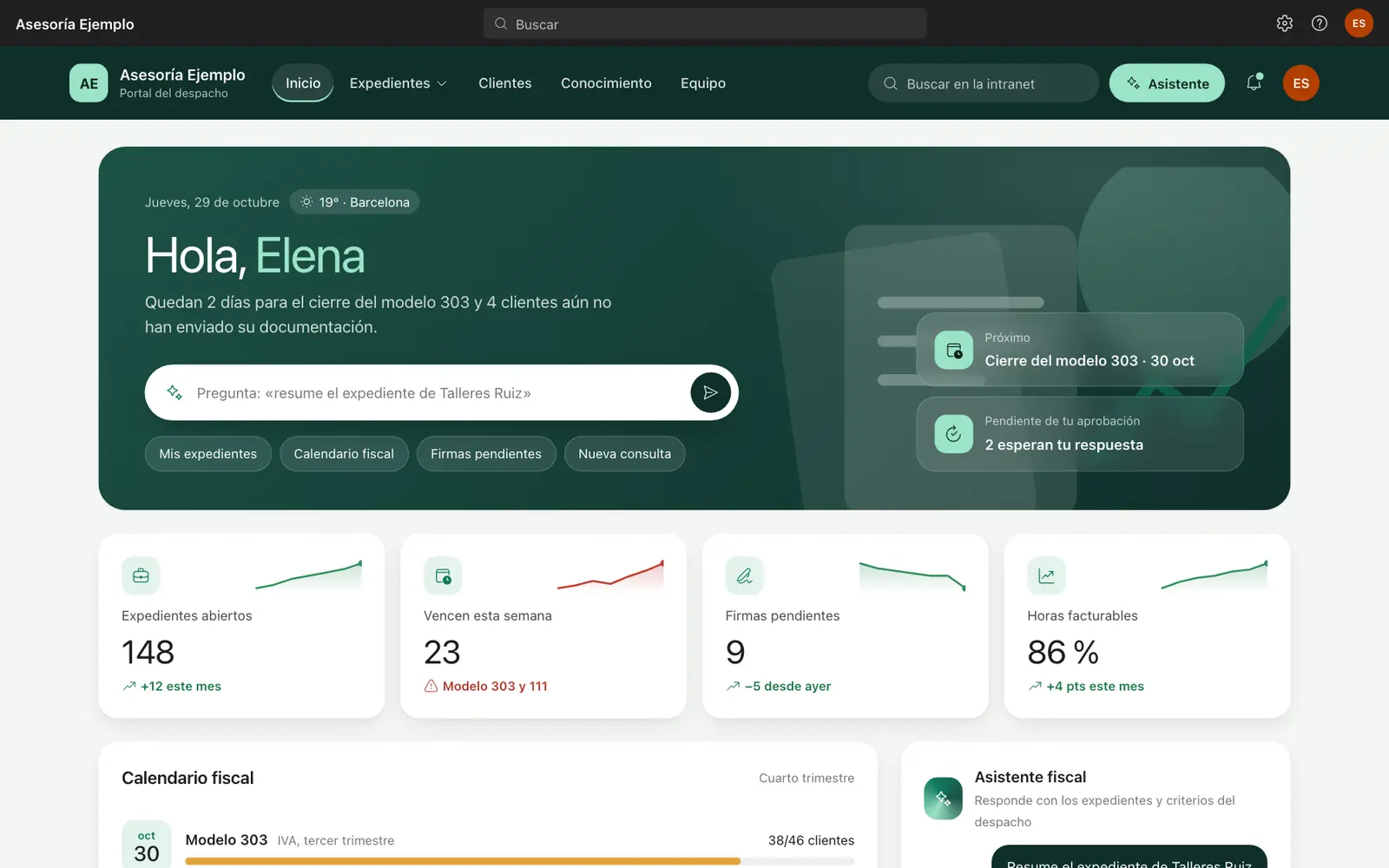 Portada del portal de una asesoría con indicadores, calendario fiscal, firmas pendientes y asistente fiscal