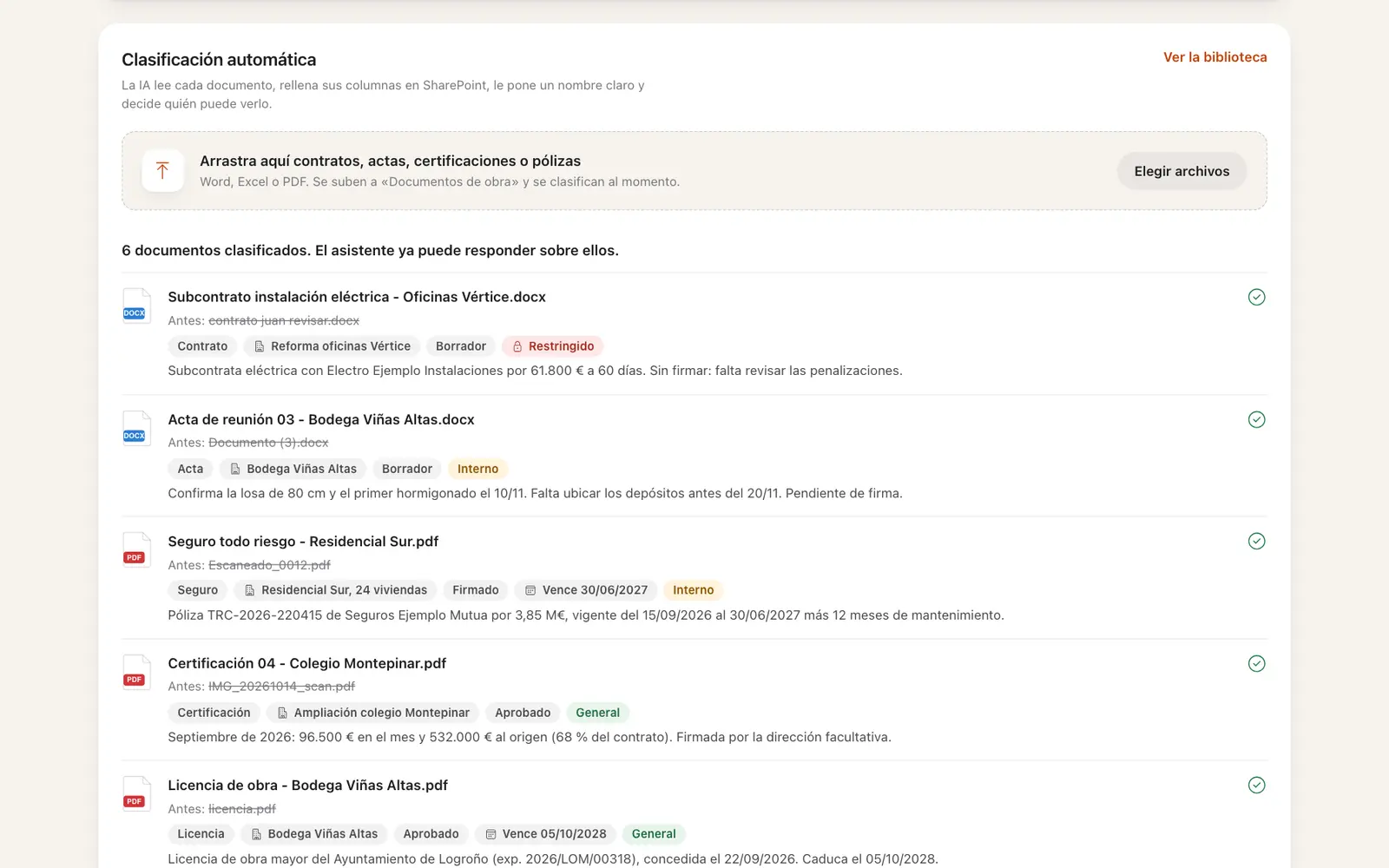 Seis documentos migrados con nombres como «Escaneado_0012.pdf» ya renombrados y clasificados por tipo, obra, estado y nivel de acceso