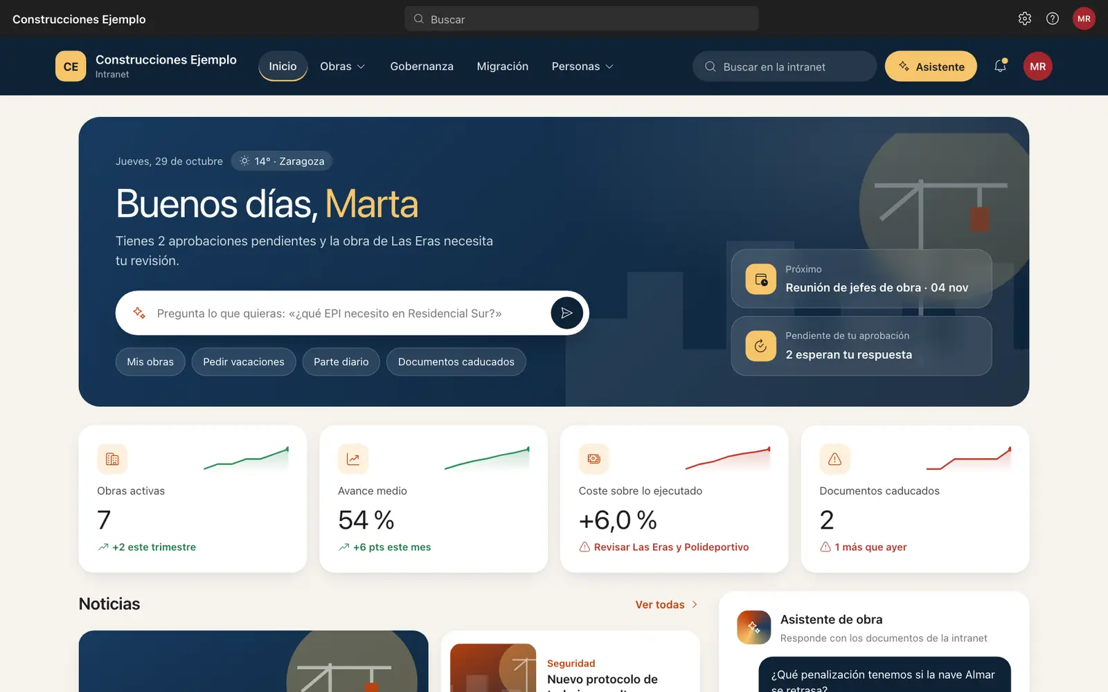 Portada de la intranet de una constructora: saludo personalizado, buscador con IA, indicadores de obra, noticias y asistente