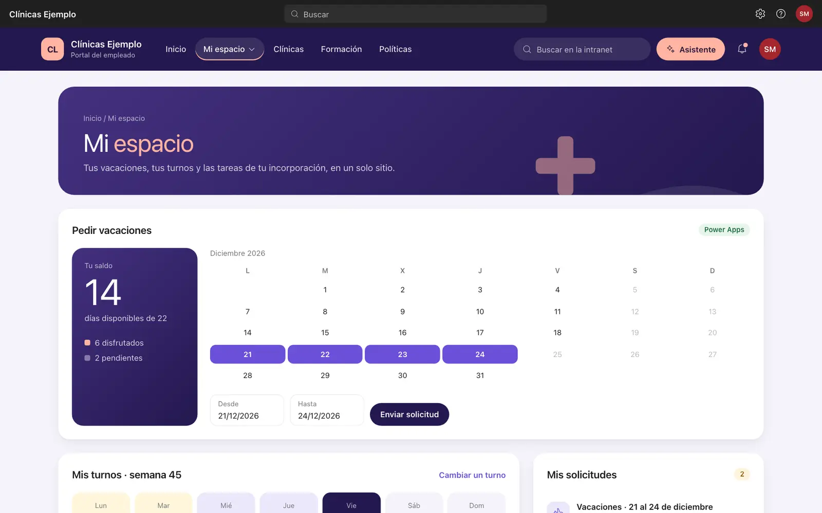 Página personal con el saldo de vacaciones, un calendario para pedir días, los turnos y la lista de incorporación